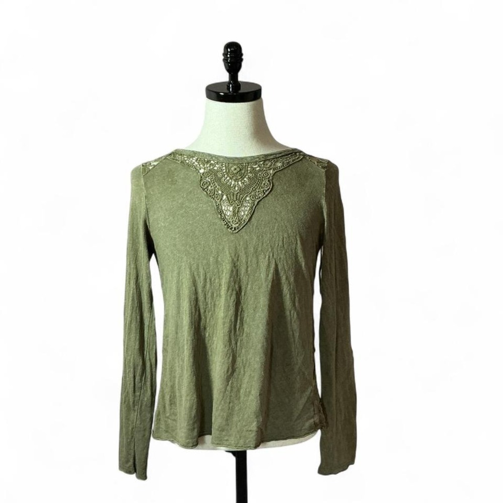 Daytrip Olive Green Lace Detail Long Sleeve Sheer Back Boho Top Grunge Womens‎ M